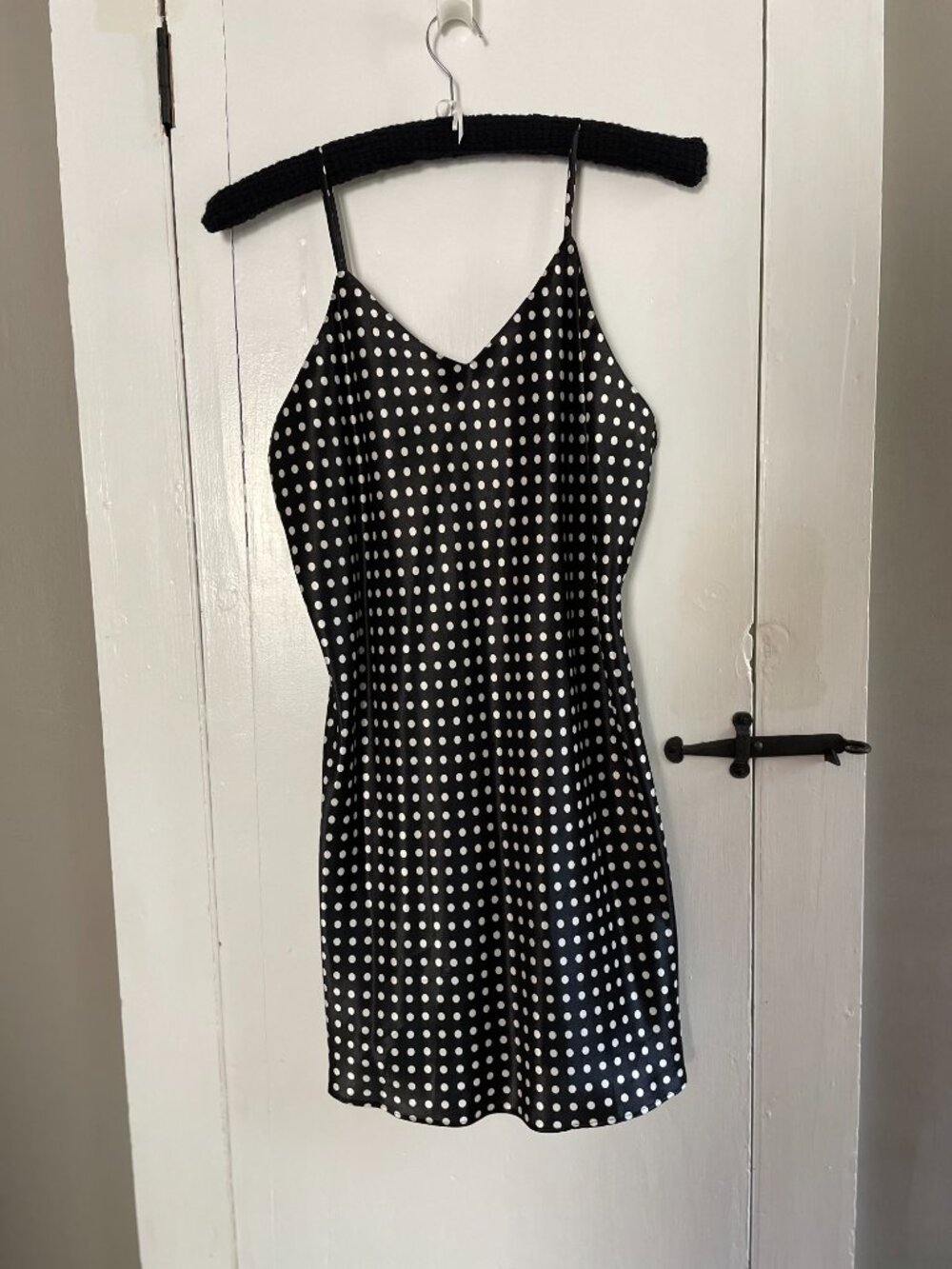 Cacique Vintage Black and White Satin Polka Dot Robe and Chemise 2-PC Set Sz L